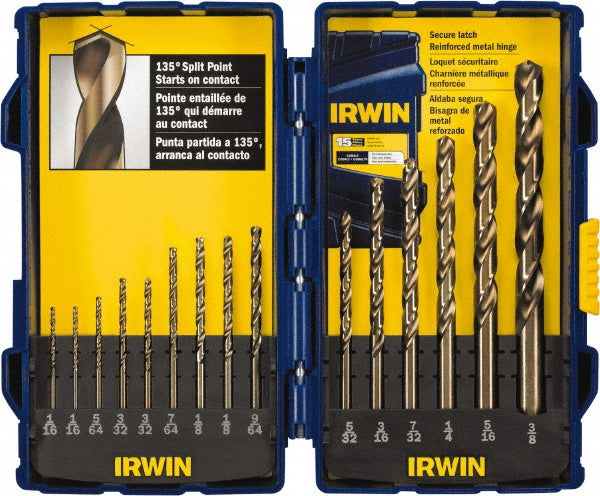 Irwin 316015 Drill Bit Set Jobber Length Drill Bits, 15 Pc, 0.0625" to 0.375" Drill Bit Size, 135 &deg, Cobalt