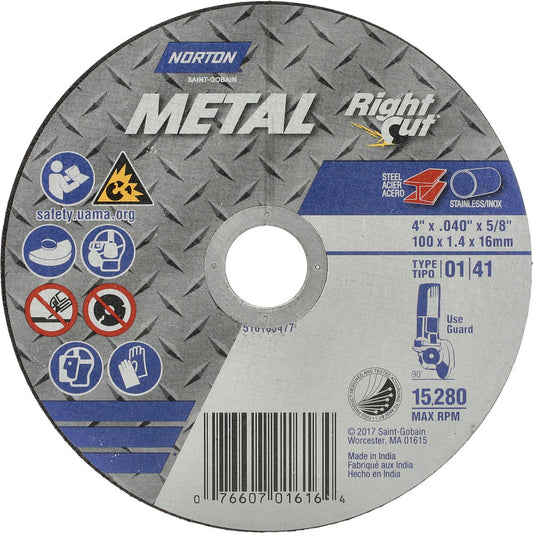Norton 07660701616 Cutoff Wheel 4" Dia, 0.04" Thick, 5/8" Hole, Aluminum Oxide