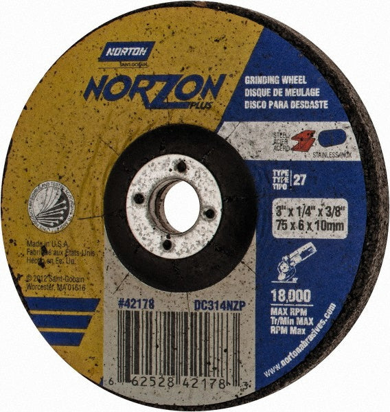 Norton 66252842178 Depressed Center Wheel Type 27, 3" Dia, Ceramic