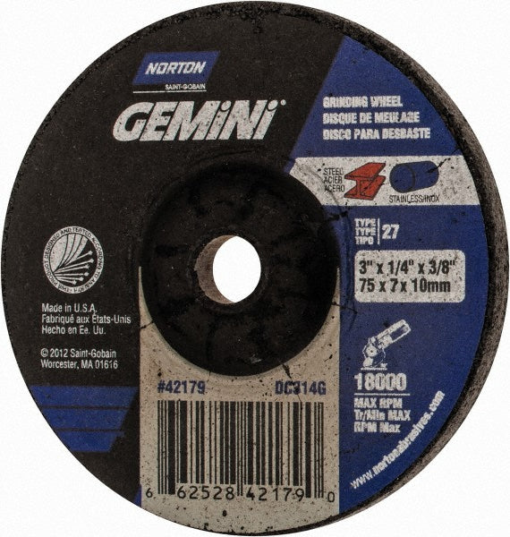 Norton 66252842179 Depressed Center Wheel Type 27, 3" Dia, Aluminum Oxide
