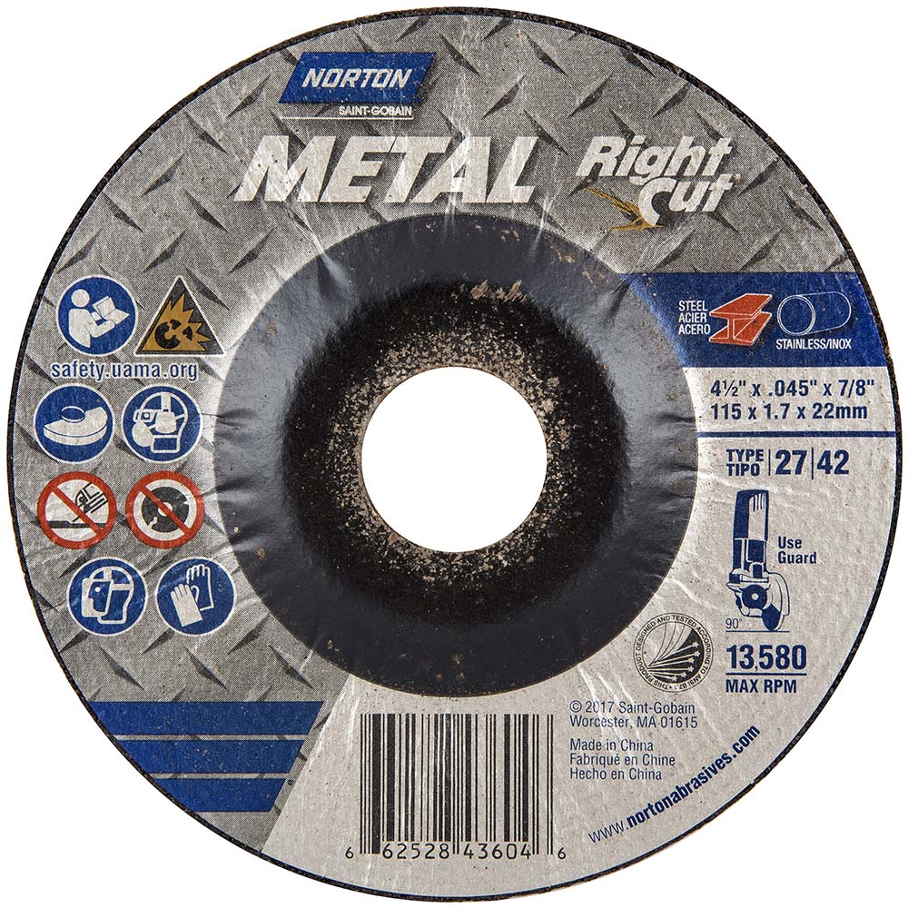 Norton 66252843604 Depressed Center Wheel Type 27, 4-1/2" Dia, 0.045" Thick, Aluminum Oxide