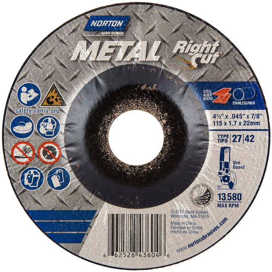 Norton 66252843604 Depressed Center Wheel Type 27, 4-1/2" Dia, 0.045" Thick, Aluminum Oxide