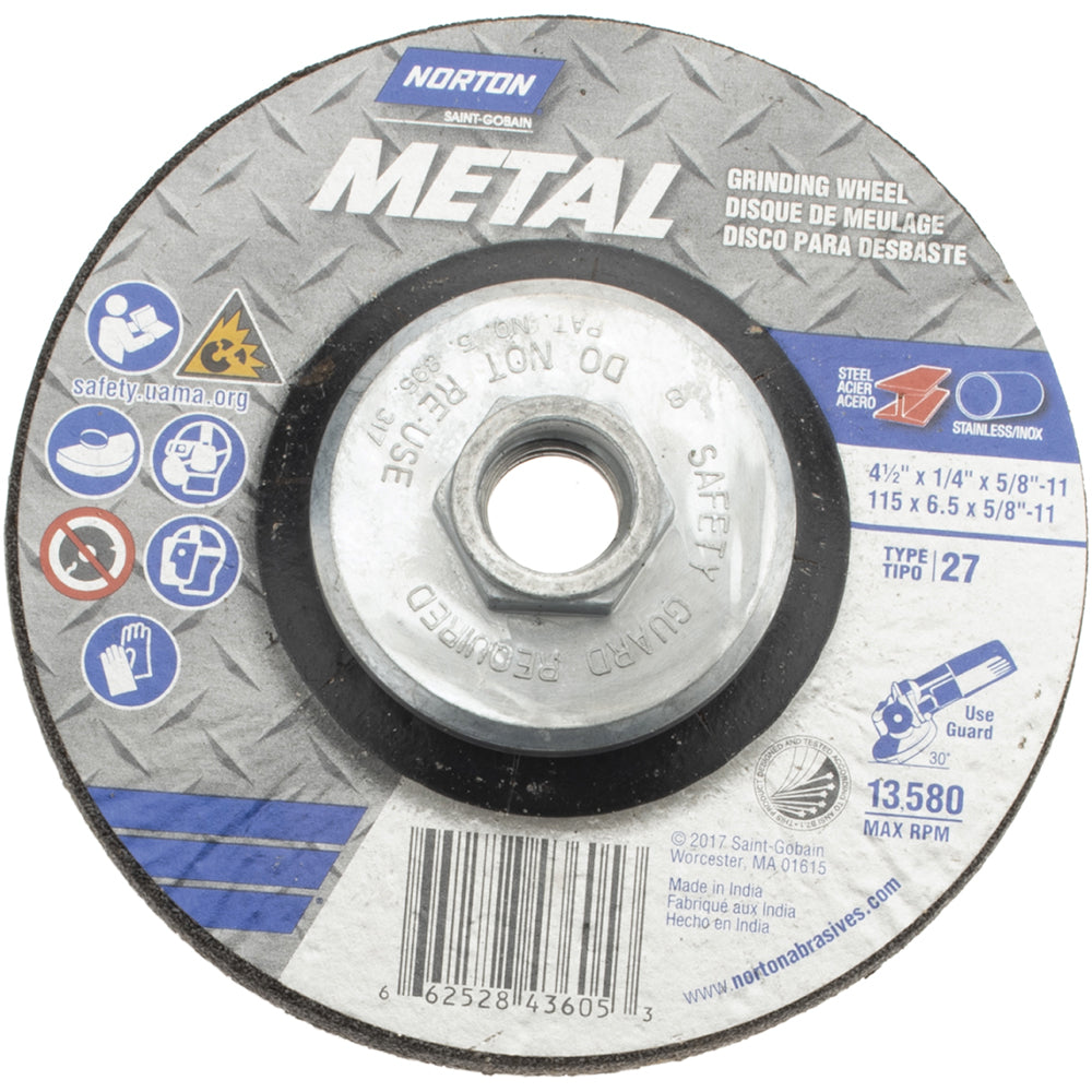Norton 66252843605 Depressed Center Wheel Type 27, 4-1/2" Dia, Aluminum Oxide