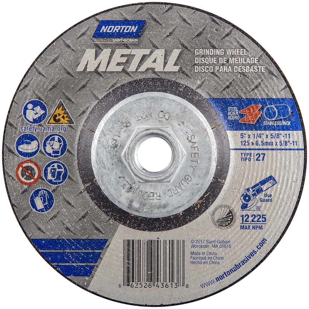 Norton 66252843613 Depressed Center Wheel Type 27, 5" Dia, Aluminum Oxide