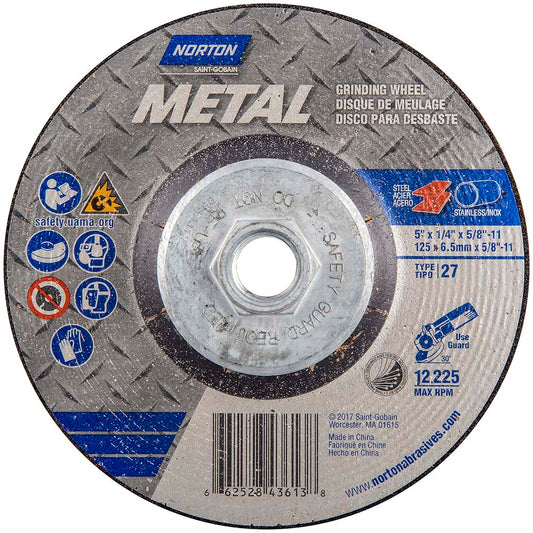 Norton 66252843613 Depressed Center Wheel Type 27, 5" Dia, Aluminum Oxide