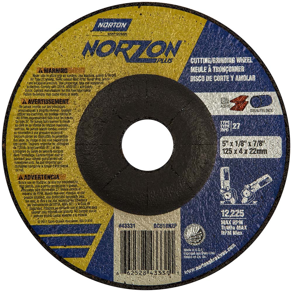 Norton 66252843331 Depressed Center Wheel Type 27, 5" Dia, Ceramic