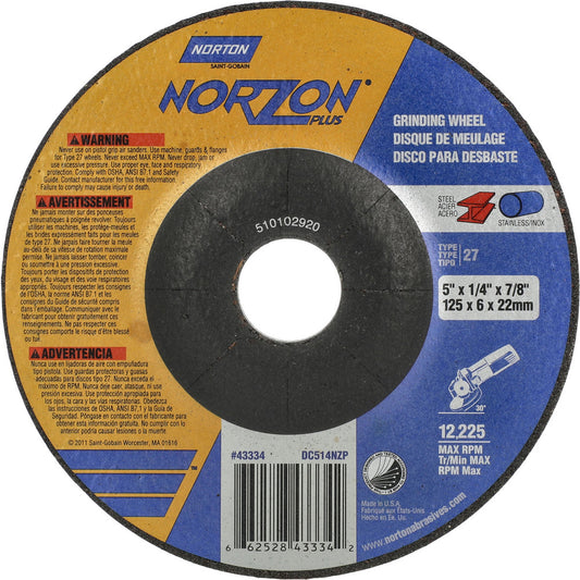 Norton 66252843334 Depressed Center Wheel Type 27, 5" Dia, Ceramic