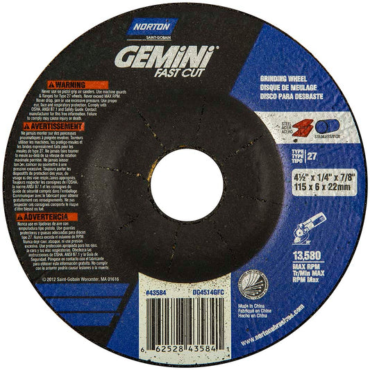 Norton 66252843584 Depressed Center Wheel Type 27, 4-1/2" Dia, Aluminum Oxide