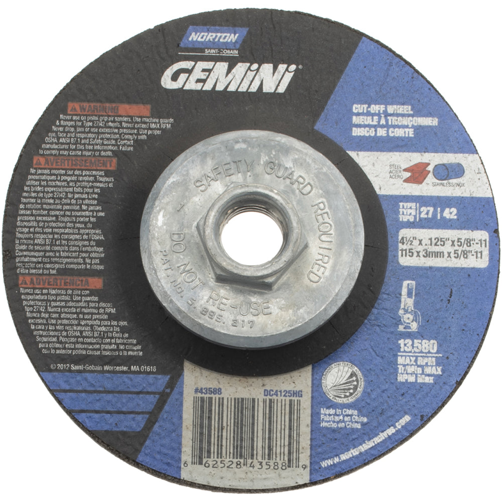 Norton 66252843588 Depressed Center Wheel Type 27, 4-1/2" Dia, Aluminum Oxide