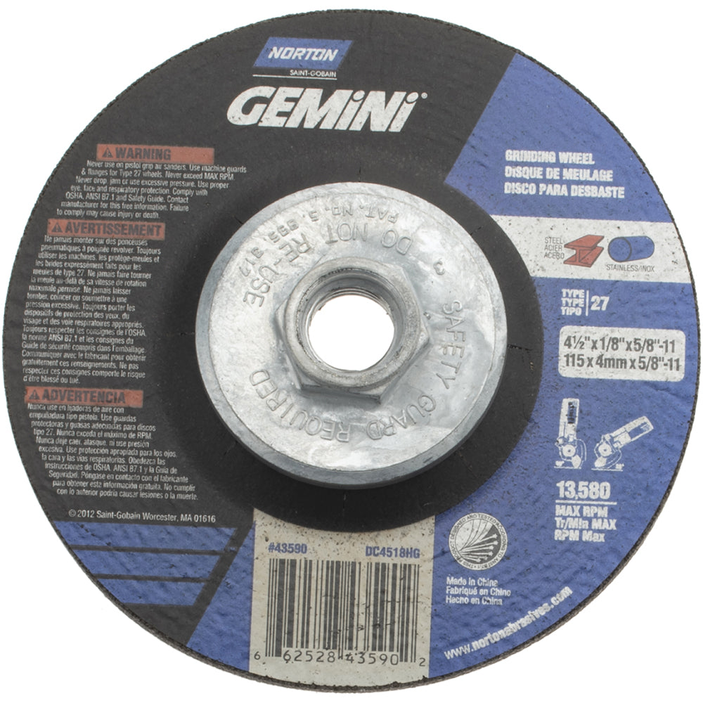 Norton 66252843590 Depressed Center Wheel Type 27, 4-1/2" Dia, Aluminum Oxide