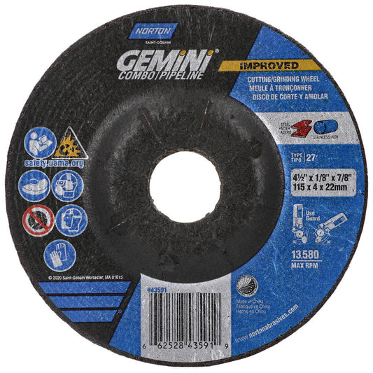 Norton 66252843591 Depressed Center Wheel Type 27, 4-1/2" Dia, Aluminum Oxide