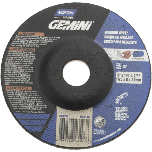 Norton 66252843598 Depressed Center Wheel Type 27, 5" Dia, Aluminum Oxide