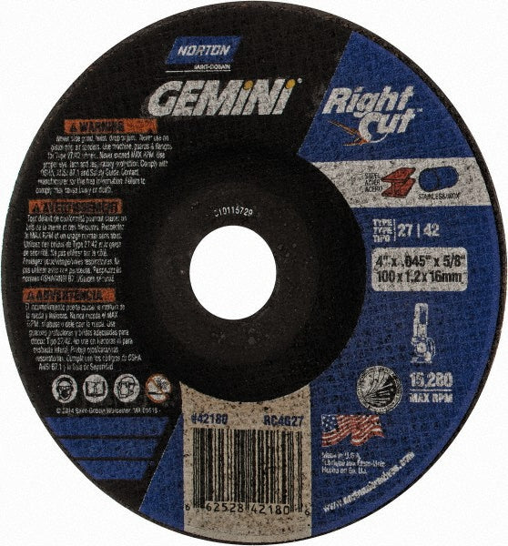 Norton 66252842180 Depressed Center Wheel Type 27, 4" Dia, 0.045" Thick, Aluminum Oxide