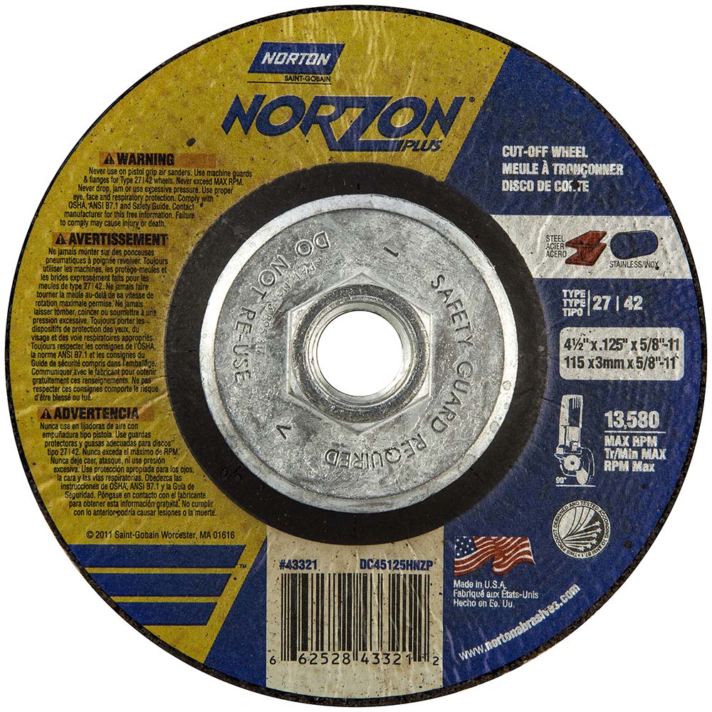 Norton 66252843321 Depressed Center Wheel Type 27, 4-1/2" Dia, Ceramic