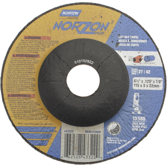 Norton 66252843322 Depressed Center Wheel Type 27, 4-1/2" Dia, Ceramic