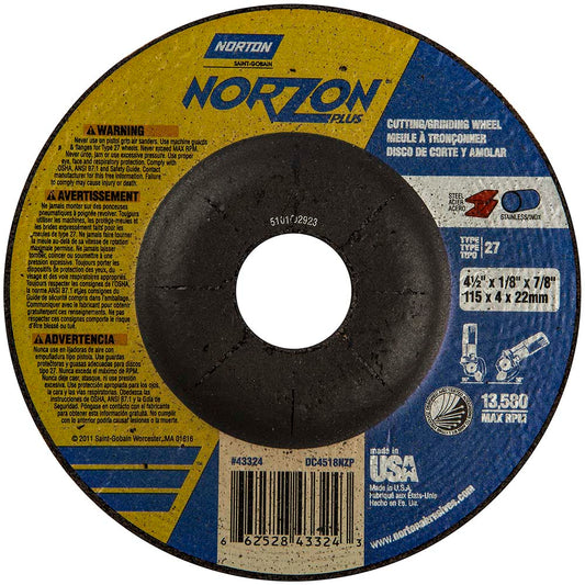 Norton 66252843324 Depressed Center Wheel Type 27, 4-1/2" Dia, Ceramic