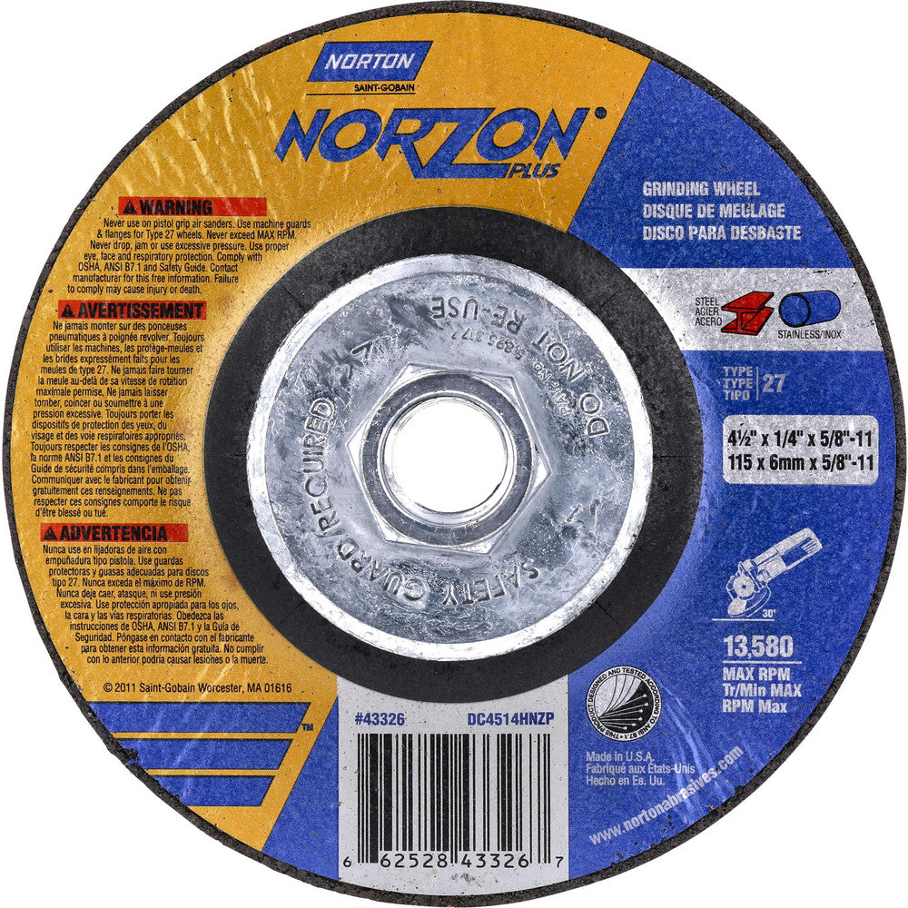 Norton 66252843326 Depressed Center Wheel Type 27, 4-1/2" Dia, Ceramic