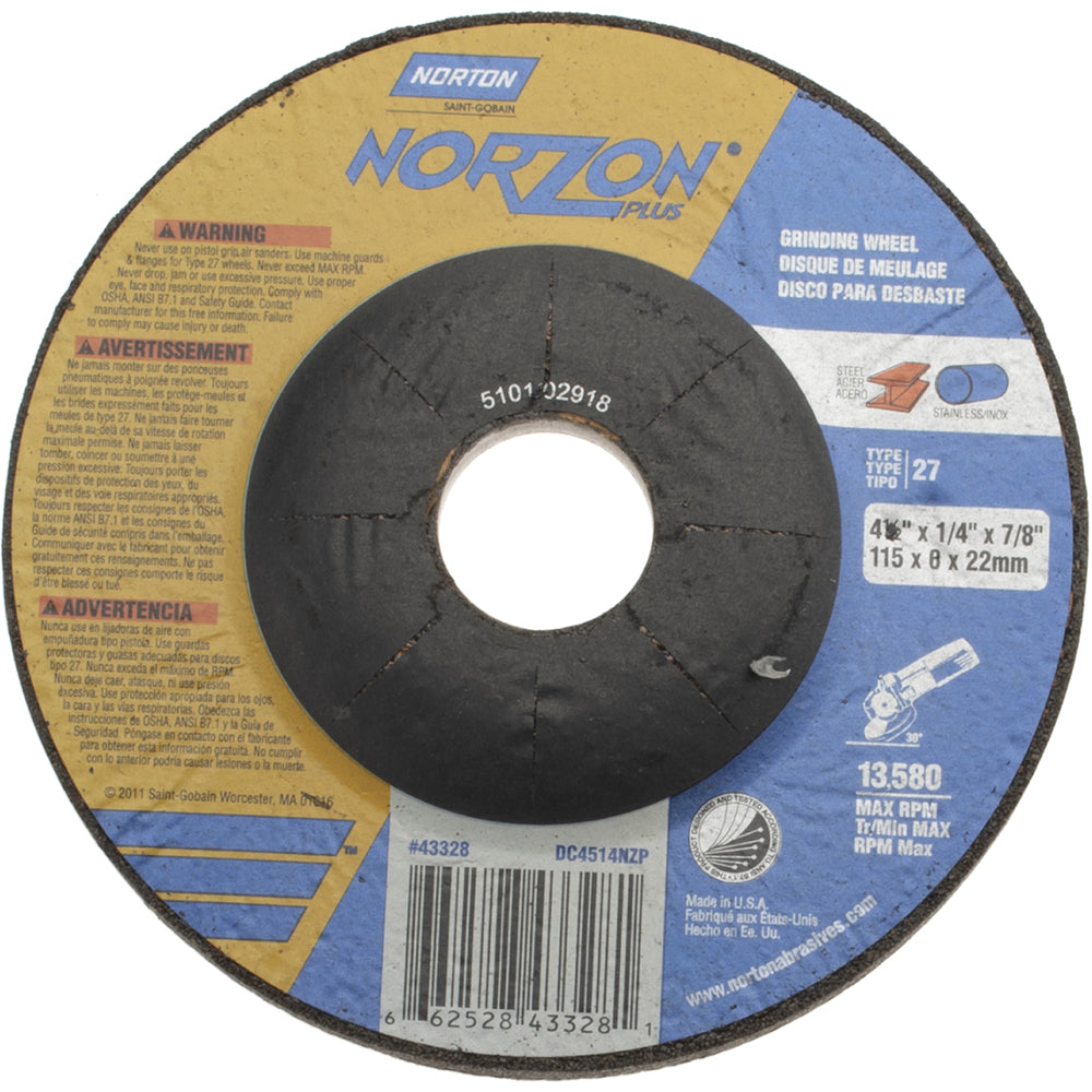 Norton 66252843328 Depressed Center Wheel Type 27, 4-1/2" Dia, Ceramic