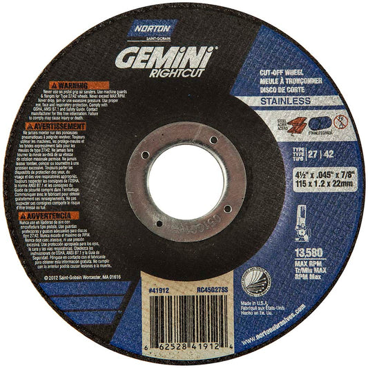 Norton 66252841912 Depressed Grinding Wheel  Type 27 & Type 42,  4-1/2" Dia,  7/8" Hole,  Aluminum Oxide
