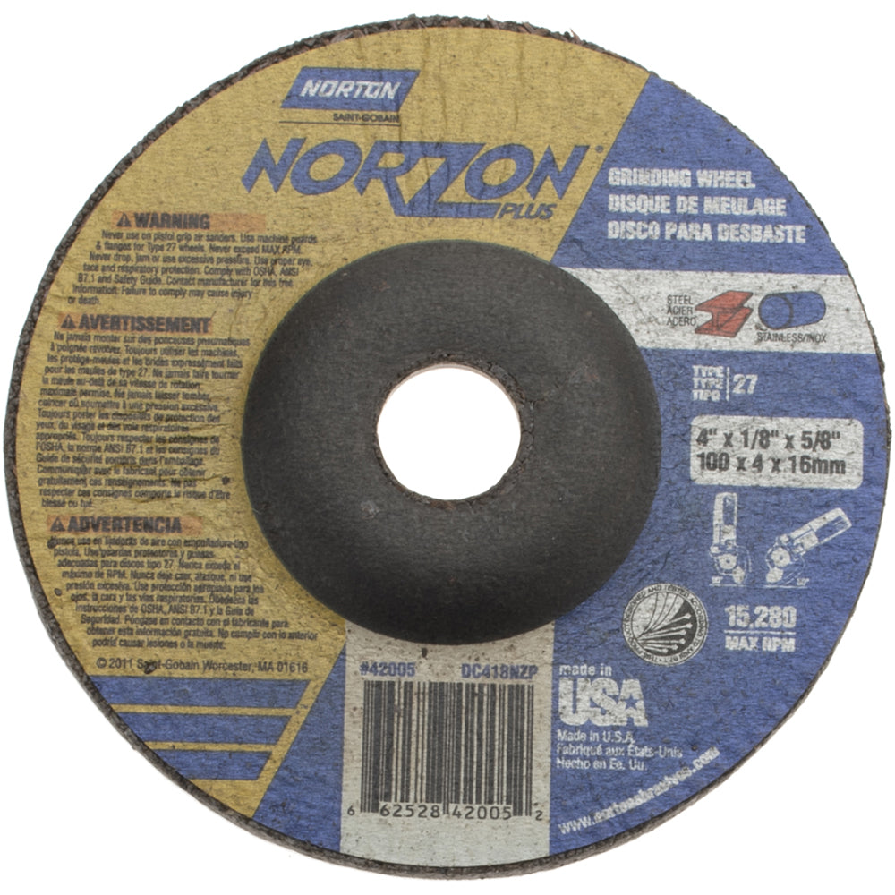 Norton 66252842005 Depressed Center Wheel Type 27, 4" Dia, Ceramic