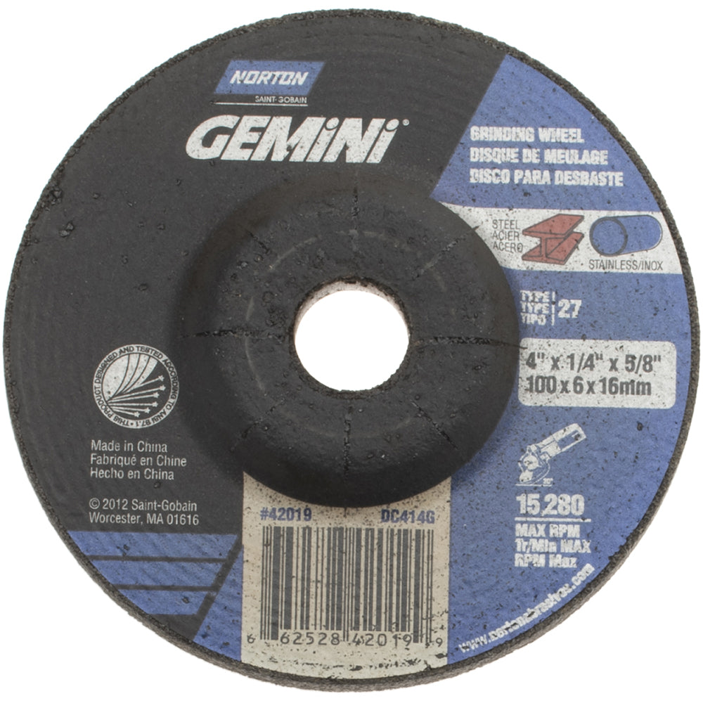 Norton 66252842019 Depressed Center Wheel Type 27, 4" Dia, Aluminum Oxide