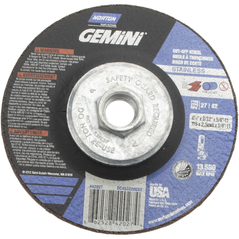 Norton 66252842027 Depressed Center Wheel Type 27, 4-1/2" Dia, Aluminum Oxide