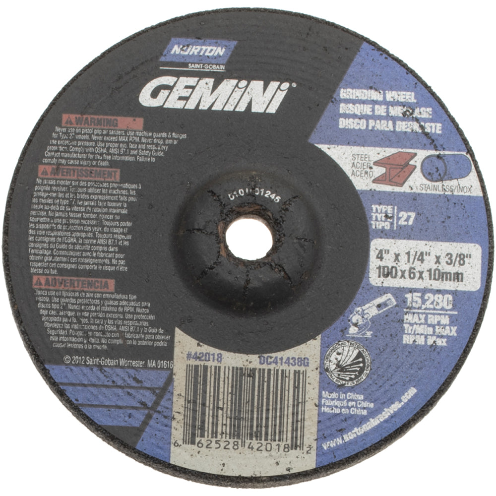 Norton 66252842018 Depressed Center Wheel Type 27, 4" Dia, Aluminum Oxide