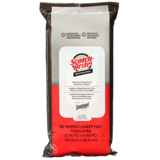Scotch-Brite 7100233381 Stainless Steel Hood Degreaser Wipes with Scotchgard™ Protector, Resealable Pack, 9" x 12", White