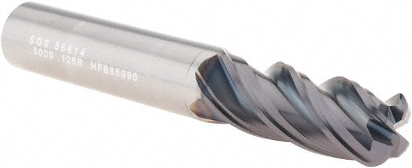 Kyocera SGS Precision Tools 36614 Corner Radius End Mill 1/2" Dia, 1-1/4" LOC, 1/8" Radius, 4 Flutes, Solid Carbide