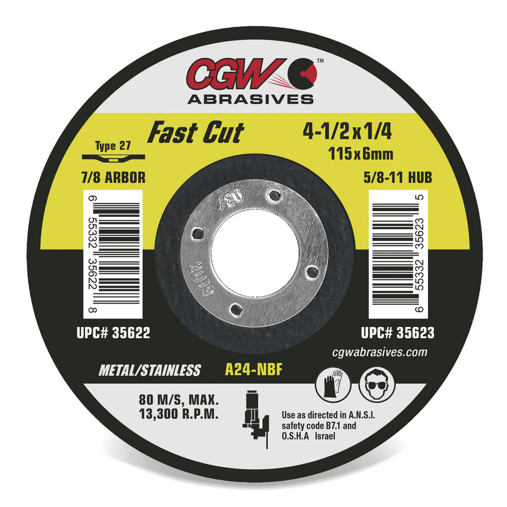 CGW Abrasives 36256 Depressed Center Wheel Type 27, 4-1/2" Dia, 1/4" Thick, Aluminum Oxide