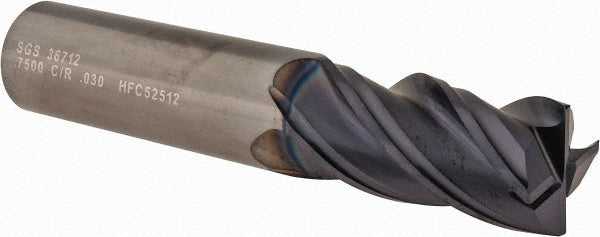 Kyocera SGS Precision Tools 36712 Corner Radius End Mill 3/4" Dia, 1-1/2" LOC, 0.0300" Radius, 4 Flute, Solid Carbide