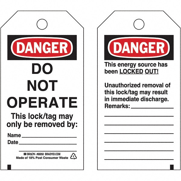 Brady 65502 Energy Isolation Tag Rectangle, 5-3/4" High, 3" Wide, Poly, "Danger"