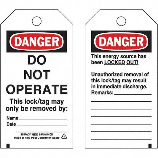 Brady 65502 Energy Isolation Tag Rectangle, 5-3/4" High, 3" Wide, Poly, "Danger"