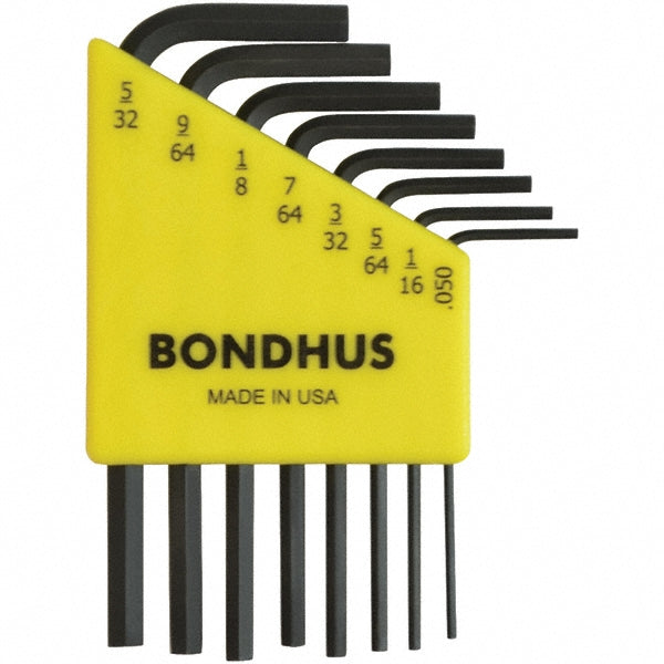 Bondhus 12232 Hex Key Sets Ball End No  Tool Type Hex  Handle Type L-Handle  Measurement Type SAE  Hex Size 0.05 in 1/16 in 1/8 in 3/32 in 5/32 in 5/64 in 7/64 in 9/64 in  Hex Size Range (Inch) 0.050 - 5/32