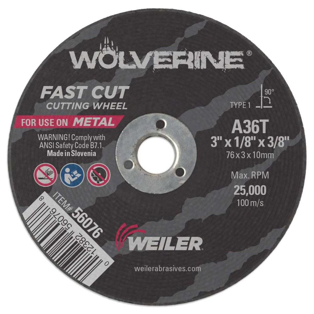 Weiler 56076 Cutoff Wheel Type 1 (01/41), 3" Dia, 1/8" Thick, 3/8" Hole, Aluminum Oxide