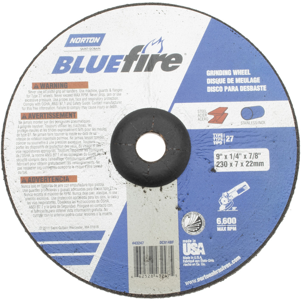 Norton 66252843247 Depressed Center Wheel Type 27, 9" Dia, Zirconia Alumina