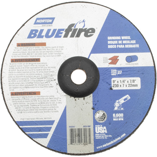 Norton 66252843247 Depressed Center Wheel Type 27, 9" Dia, Zirconia Alumina