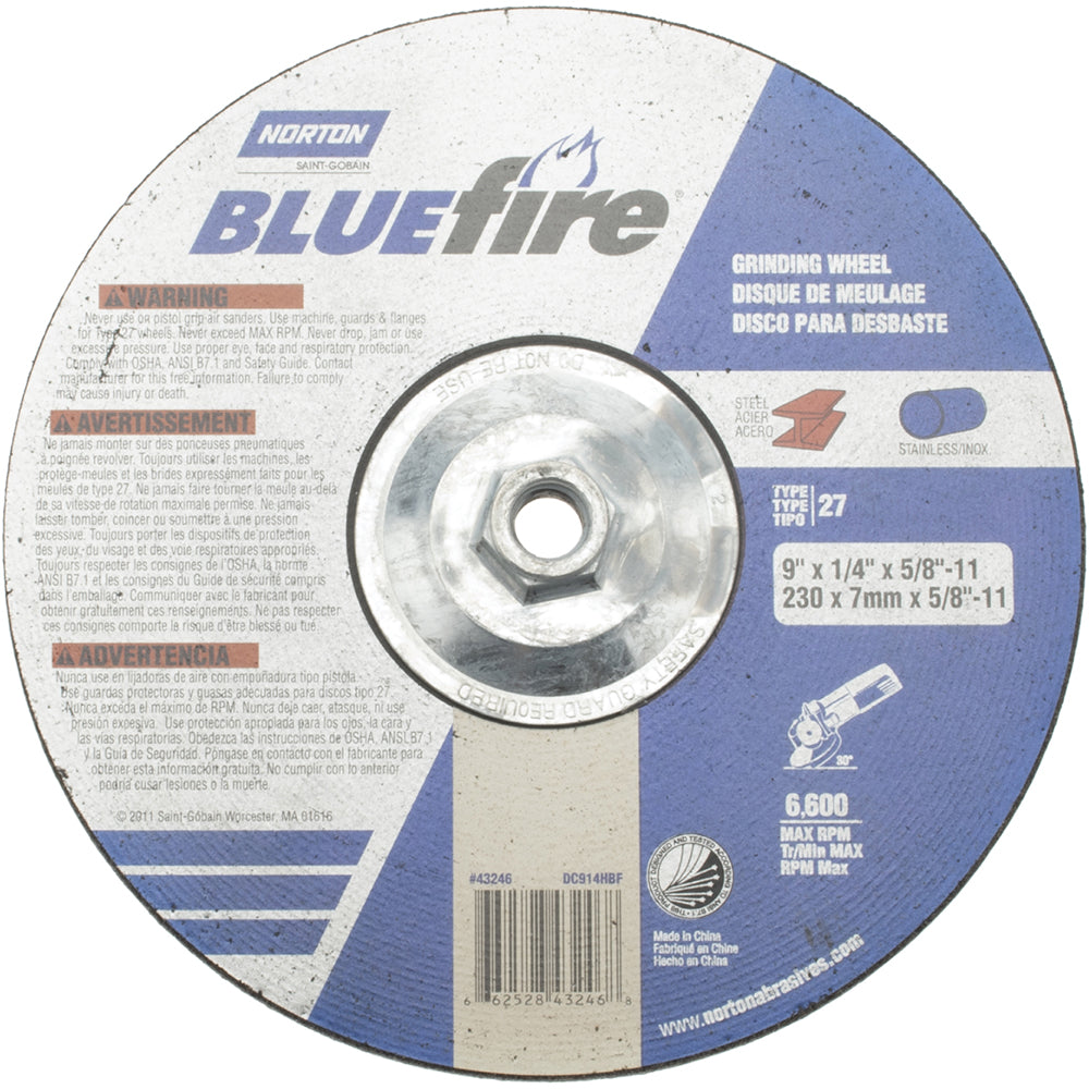 Norton 66252843246 Depressed Center Wheel Type 27, 9" Dia, Zirconia Alumina