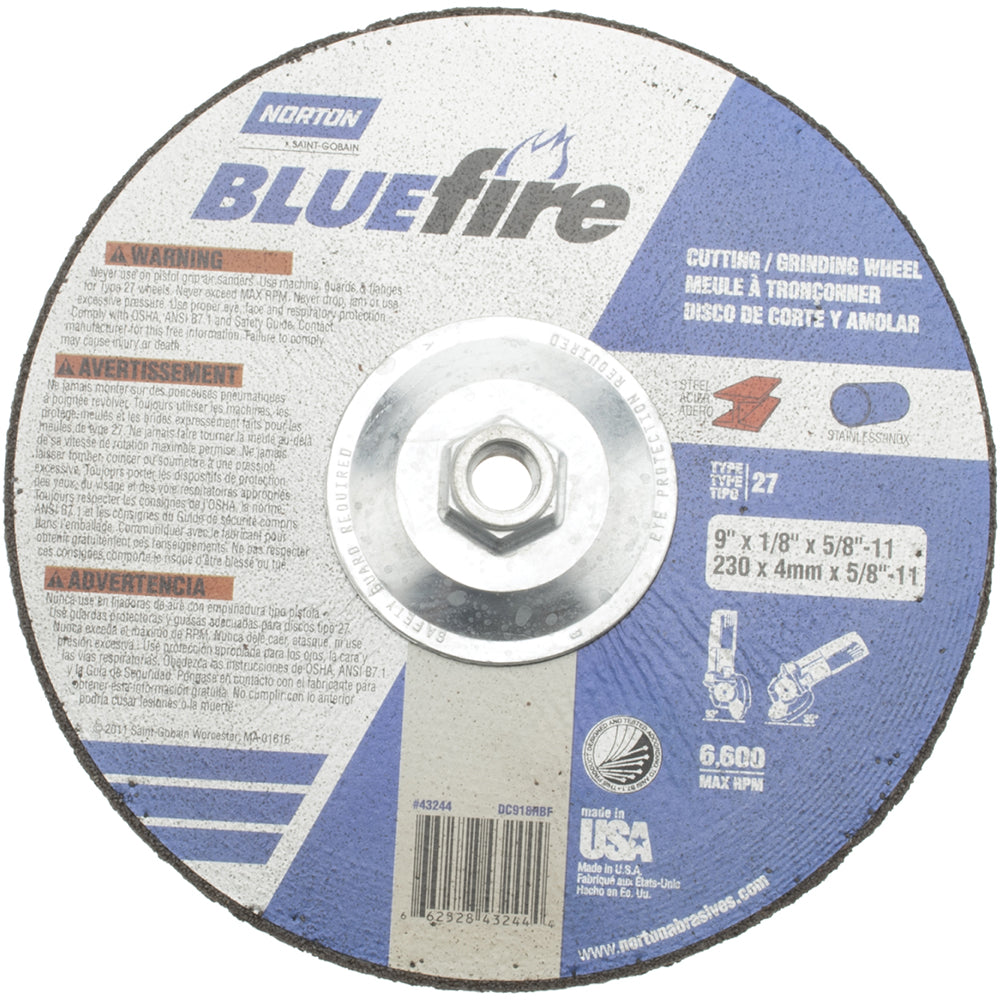 Norton 66252843244 Depressed Center Wheel Type 27, 9" Dia, Zirconia Alumina