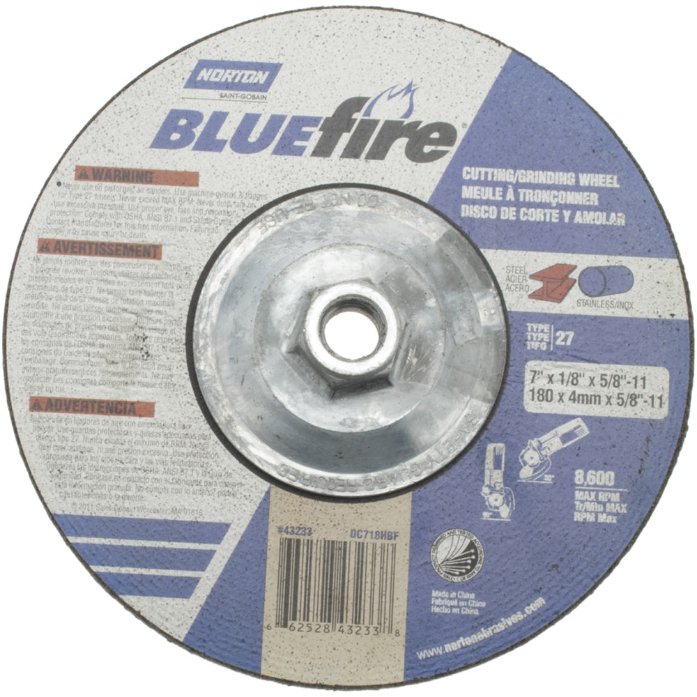 Norton 66252843233 Depressed Center Wheel Type 27, 7" Dia, Zirconia Alumina