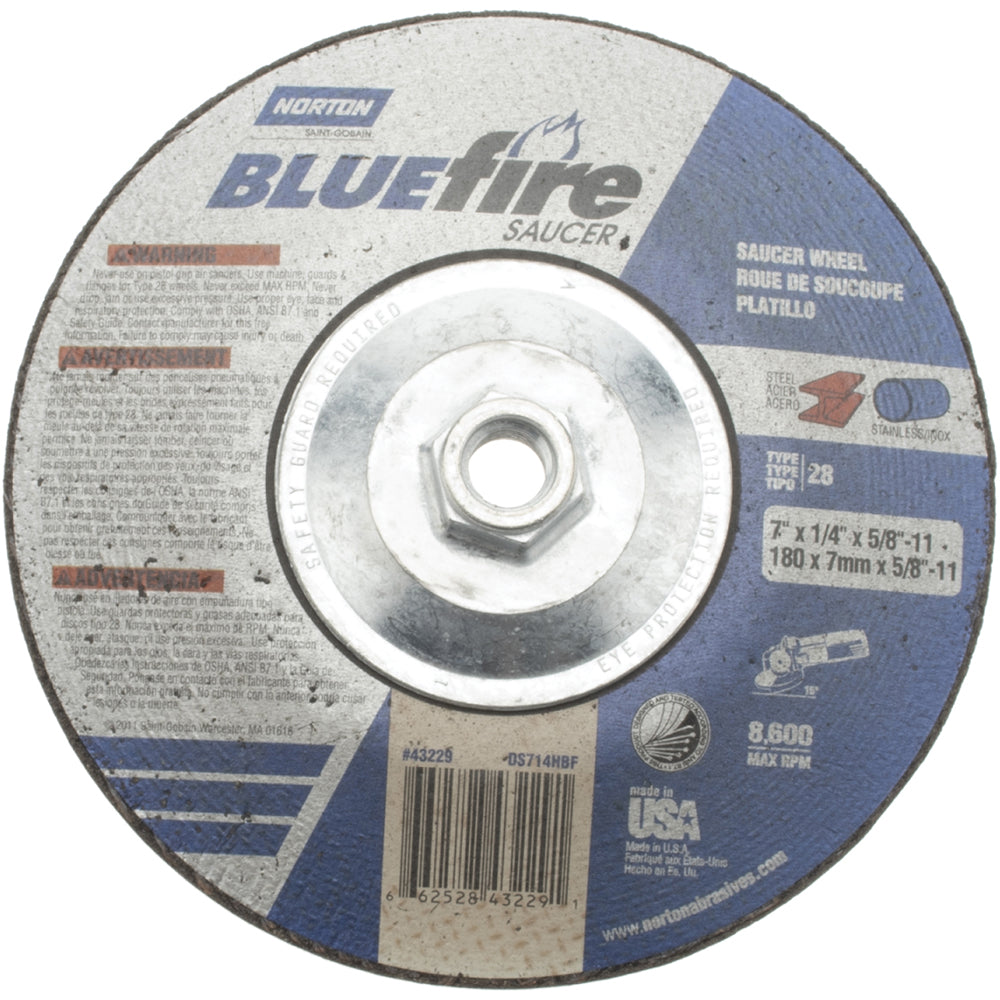Norton 66252843229 Depressed Center Wheel Type 28, 7" Dia, Zirconia Alumina