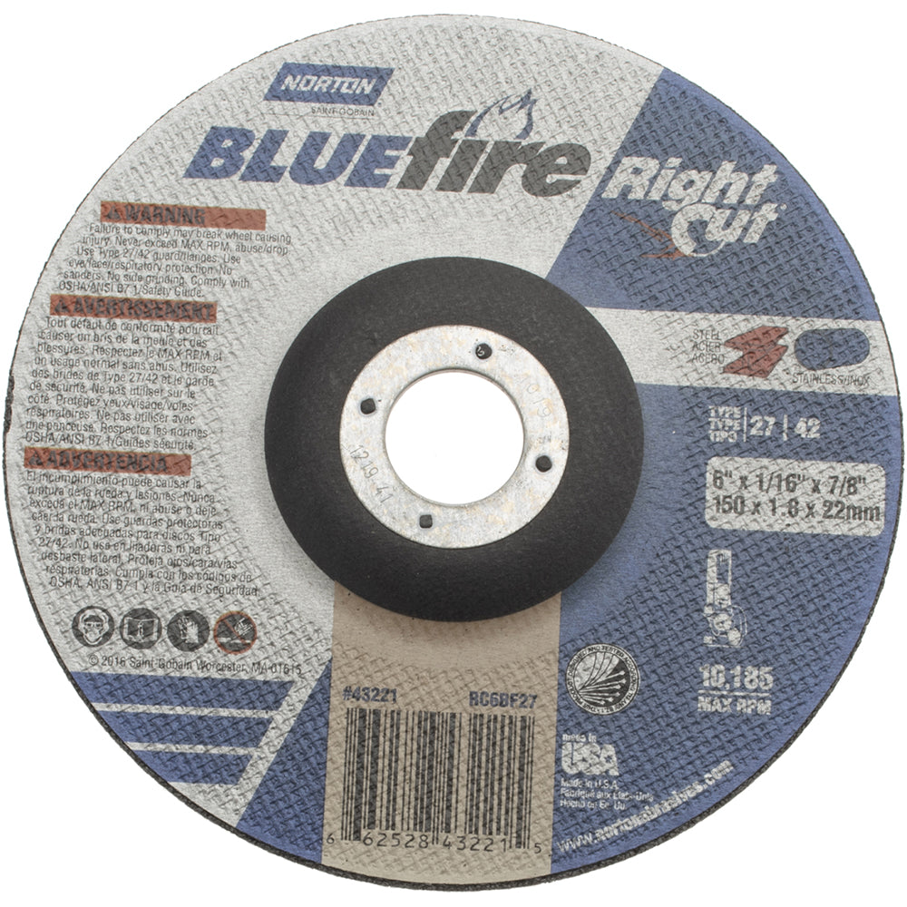 Norton 66252843221 Depressed Center Wheel Type 27, 6" Dia, Zirconia Alumina