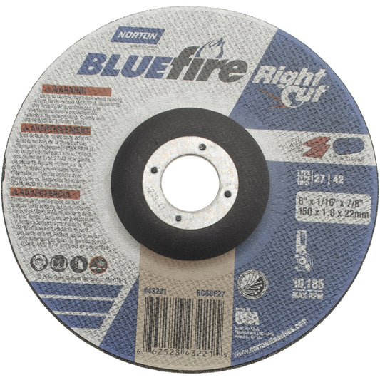 Norton 66252843221 Depressed Center Wheel Type 27, 6" Dia, Zirconia Alumina