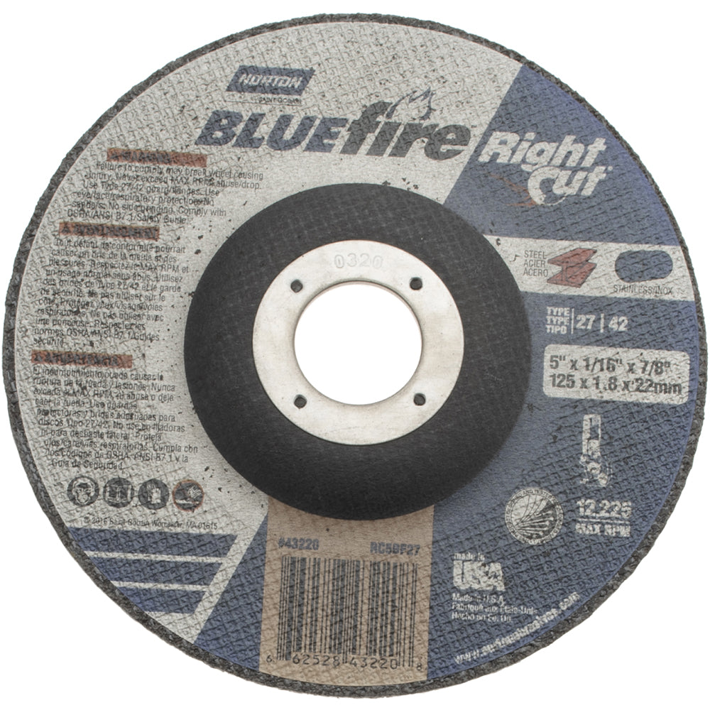 Norton 66252843220 Depressed Center Wheel Type 27, 5" Dia, 0.045" Thick, Zirconia Alumina