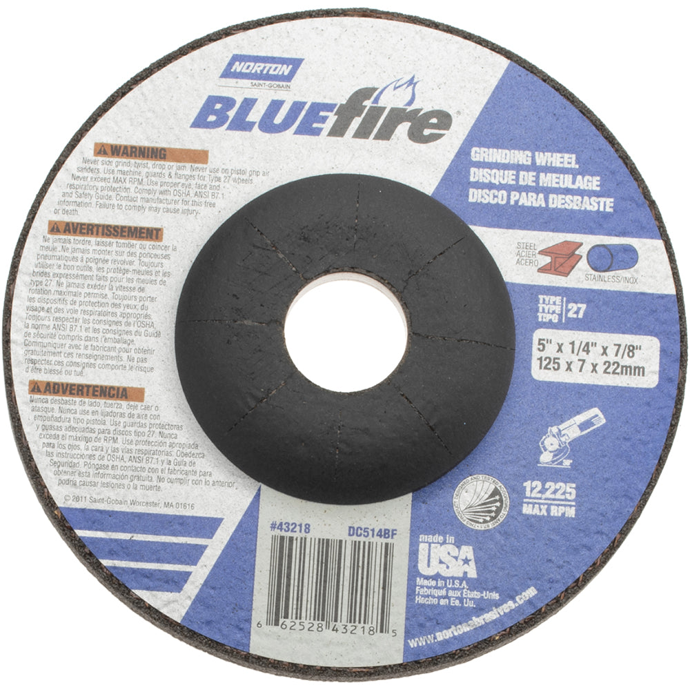 Norton 66252843218 Depressed Center Wheel Type 27, 5" Dia, Zirconia Alumina