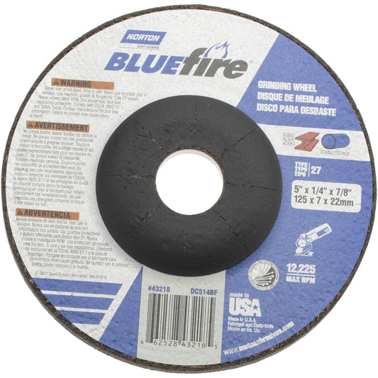 Norton 66252843218 Depressed Center Wheel Type 27, 5" Dia, Zirconia Alumina