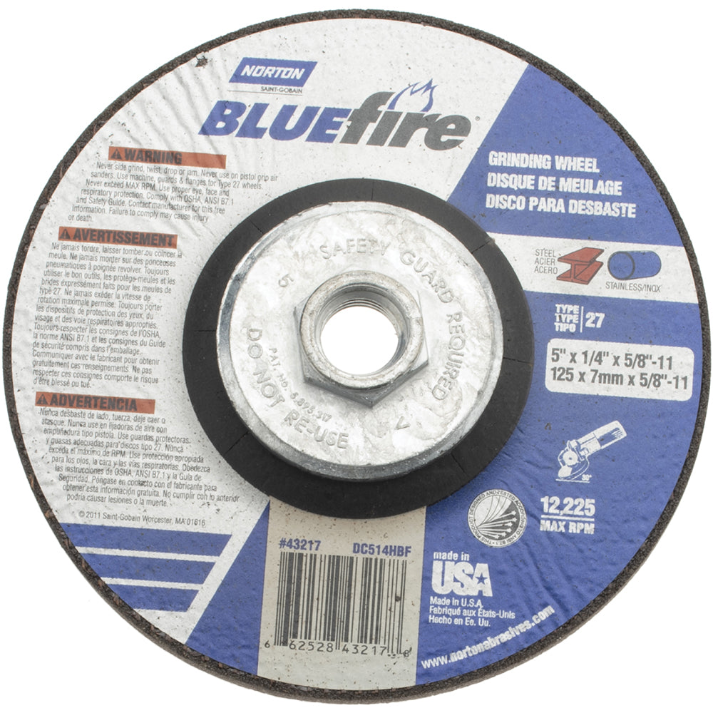 Norton 66252843217 Depressed Center Wheel Type 27, 5" Dia, Zirconia Alumina
