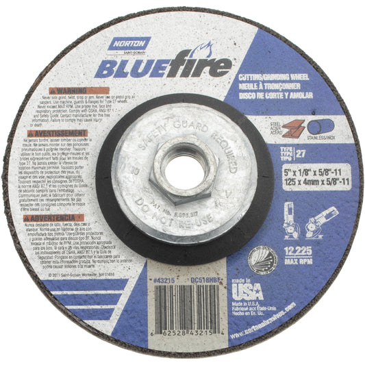Norton 66252843215 Depressed Center Wheel Type 27, 5" Dia, Zirconia Alumina