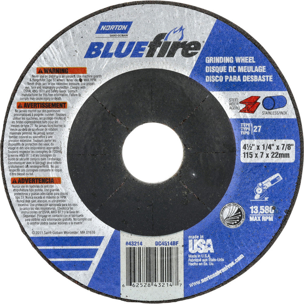Norton 66252843214 Depressed Center Wheel Type 27, 4-1/2" Dia, Zirconia Alumina