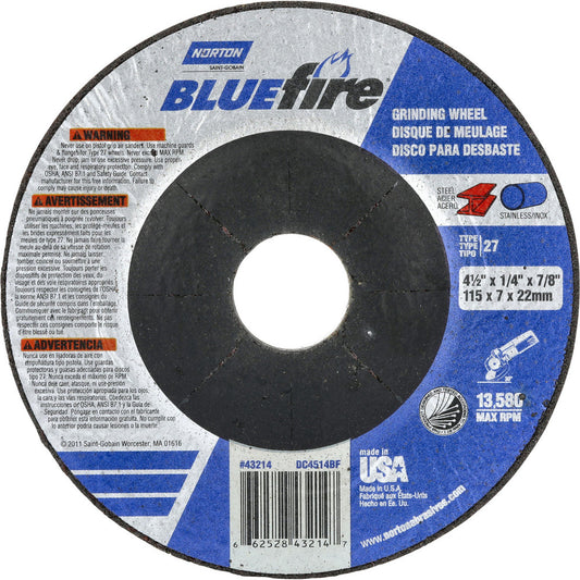 Norton 66252843214 Depressed Center Wheel Type 27, 4-1/2" Dia, Zirconia Alumina